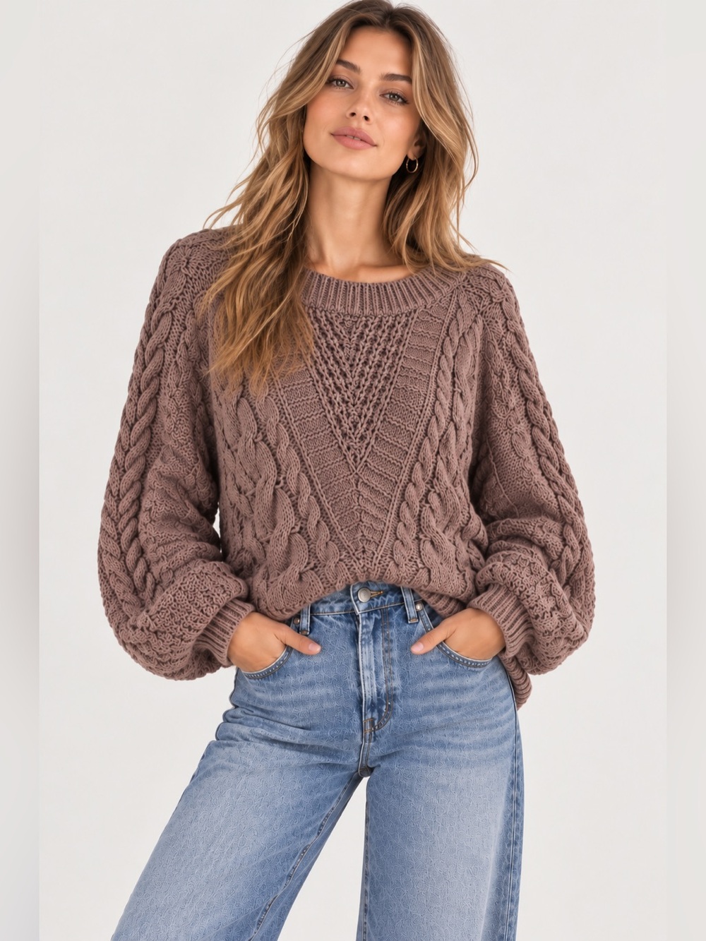 Express Taupe Cable Knit Balloon-Sleeve Crewneck Sweater
